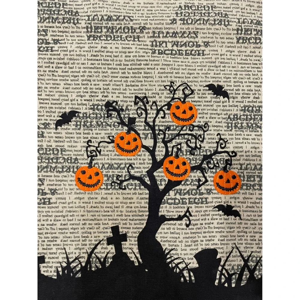 Halloween Table Runner Black Pumpkin Tree Newsprint‎ Lace Edge Decor Vintage
